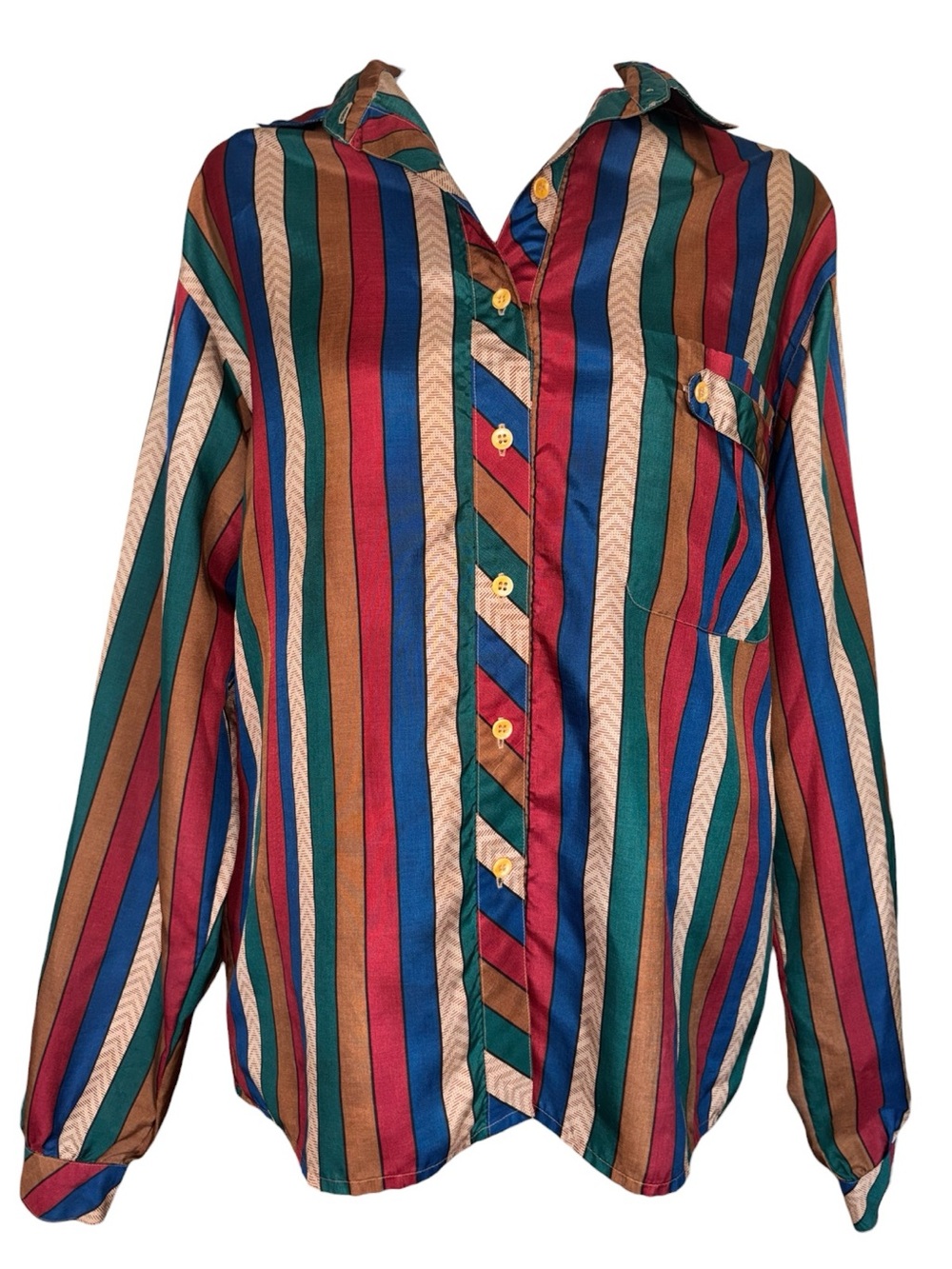 Vintage Jewel Tone Striped Silky Button Down